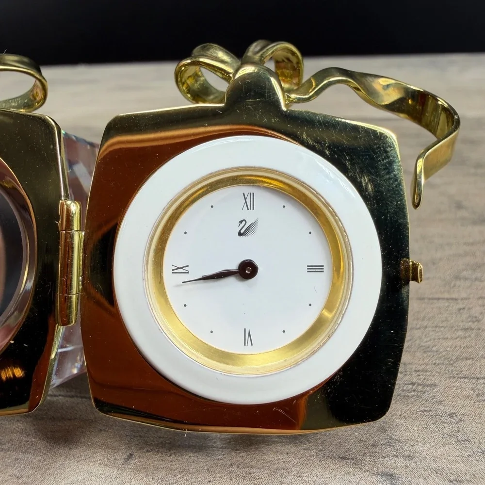 Swarovski Crystal Secrets Gift Box‎ Travel Clock Metal Gold Tone Bow AS IS